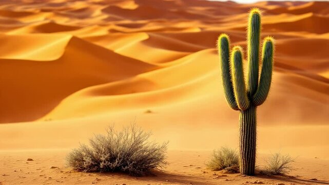 Majestic Cactus in the Sahara Desert: A breathtaking view of a towering cactus against the backdrop of rolling sand dunes under the warm desert sun.