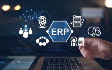 Fototapeta premium Enterprise resource planning system interface over a laptop keyboard