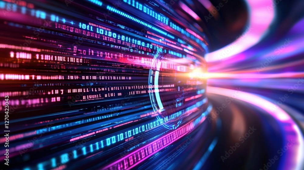 Poster a vibrant digital tunnel featuring colorful binary code streams, symbolizing data flow and technolog