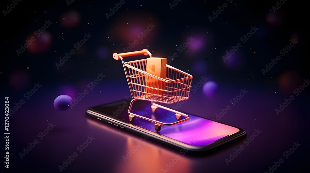 Poster a 3d rendered shopping cart icon elegantly hovering above a modern smartphone screen representing th