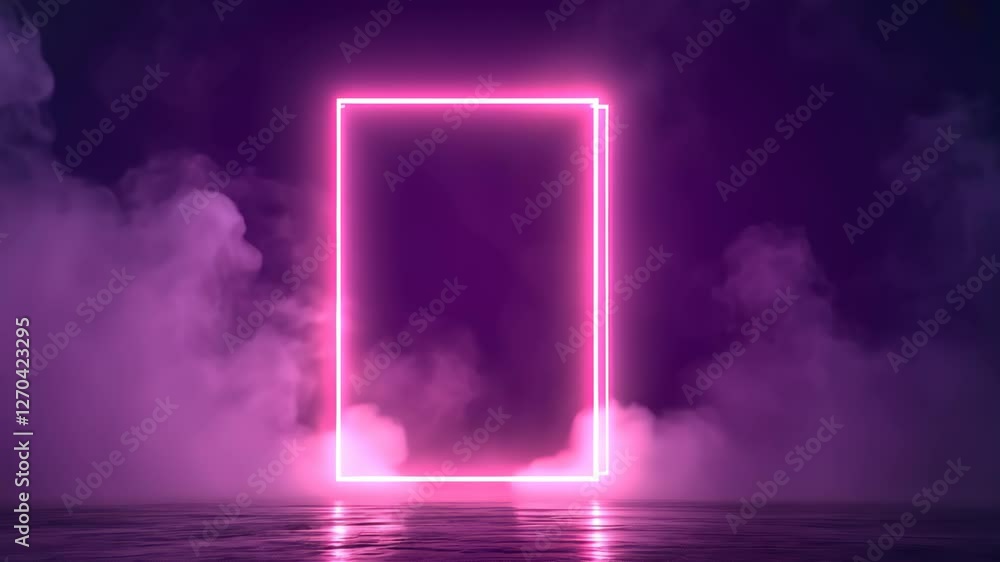 Poster neon rectangle frame with shining effect in dark background, illuminated pink glow in misty atmosphe