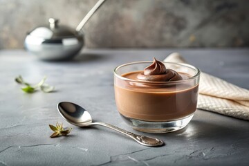 Decadent Chocolate Mousse in a Glass Dish, Served with a Spoon and Garnish