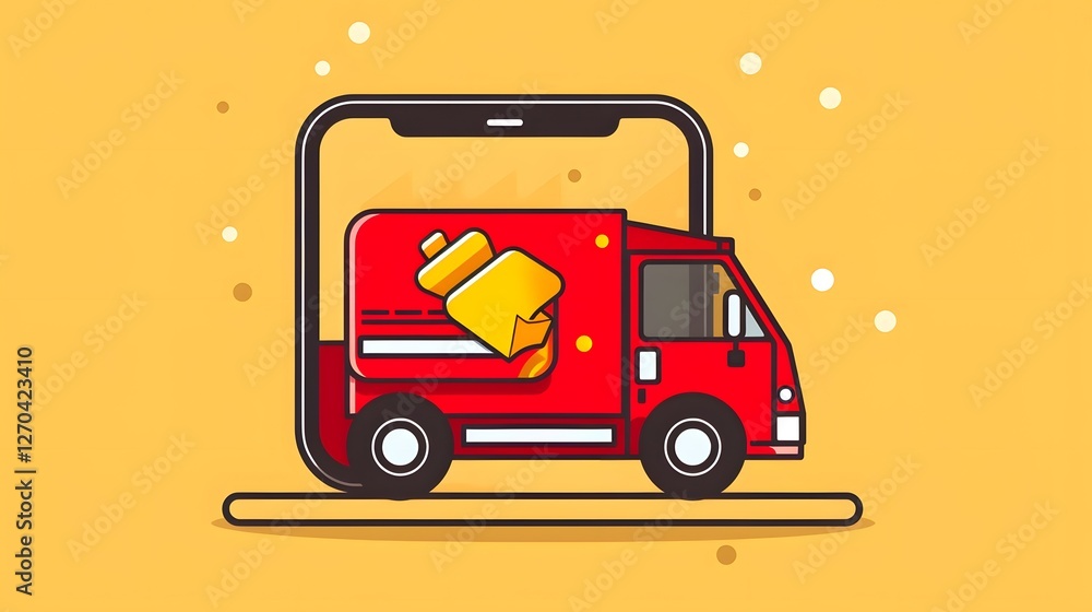 Poster an of a delivery truck icon appearing on a mobile screen interface after completing a checkout proce