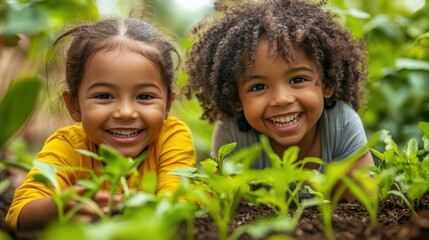 Sustainability at Home Two young children, their laughter echoing through the air, meticulously planted seedlings, nurturing the life that would soon blossom in the vibrant garden.