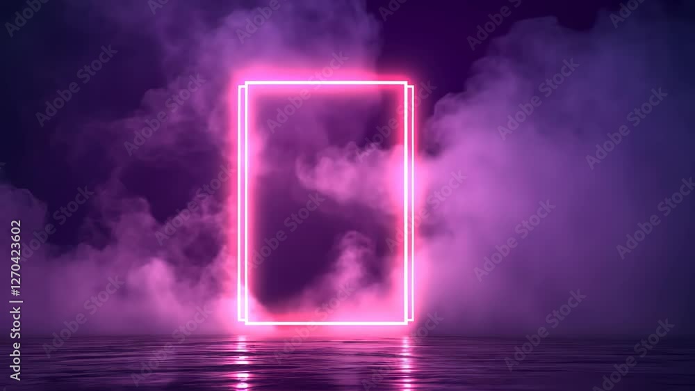 Poster neon rectangle frame with shining effect in dark background, illuminated pink glow in misty atmosphe