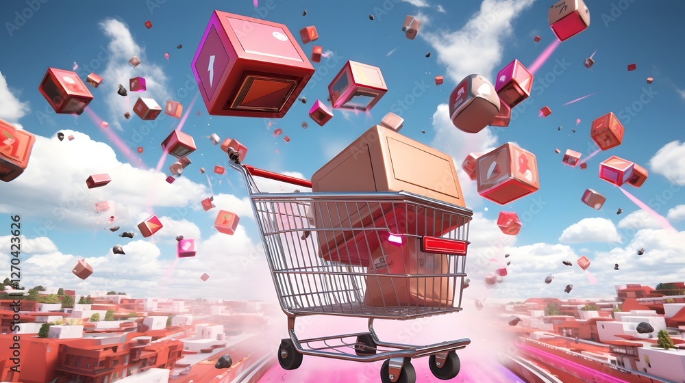 Poster futuristic virtual reality shopping experience showcasing a floating digital shopping cart in a mode