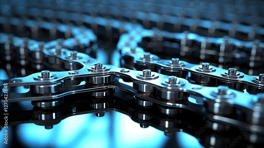 Poster close up view of a sleek shiny bicycle chain and gears with metallic reflections and intricate mecha