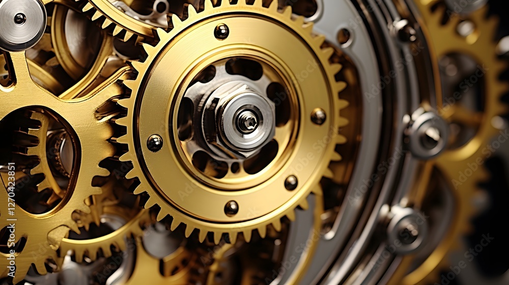 Poster closeup view of a sleek and metallic bicycle chain and gears mechanism with shiny reflective surface