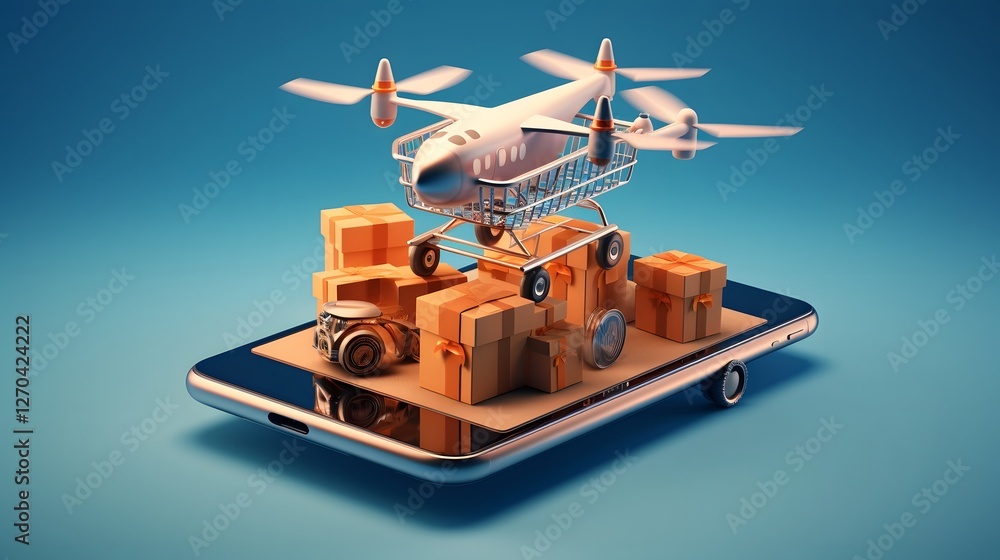 Poster aerial view of a delivery drone hovering above a smartphone displaying an online shopping cart showc