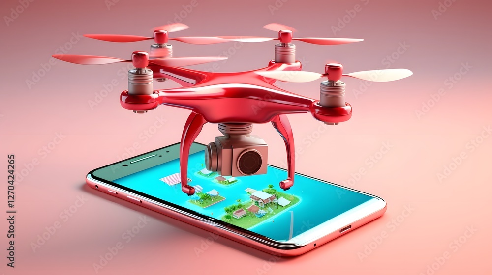 Poster aerial view of a delivery drone or quadcopter drone flying above a smartphone displaying an online s