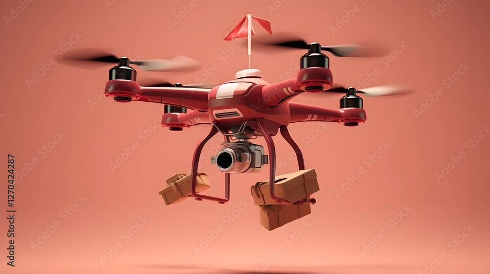 Poster high angle view of a delivery drone flying above a smartphone displaying an active online shopping c