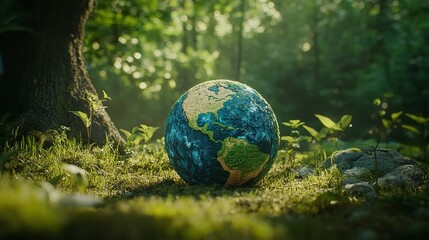 Growing Plant on a Globe Representing Earth, Surrounded by Soil and Rocks, with a Scenic Landscape in the Background, Celebrating Earth Day