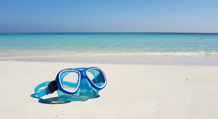 Blue diving mask lies on a white sand beach with turquoise water in the background, inviting to snorkeling and exploring underwater world.