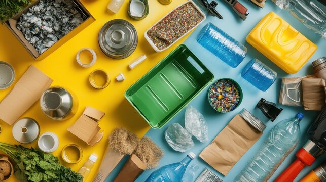 Sustainability at Home A vibrant, top-down view showcases a home recycling center, where various recyclable materials are sorted and prepared for their journey to a cleaner environment, promoting