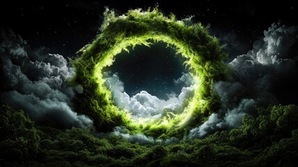 Mystical green ring portal in night sky, clouds, forest; fantasy backdrop