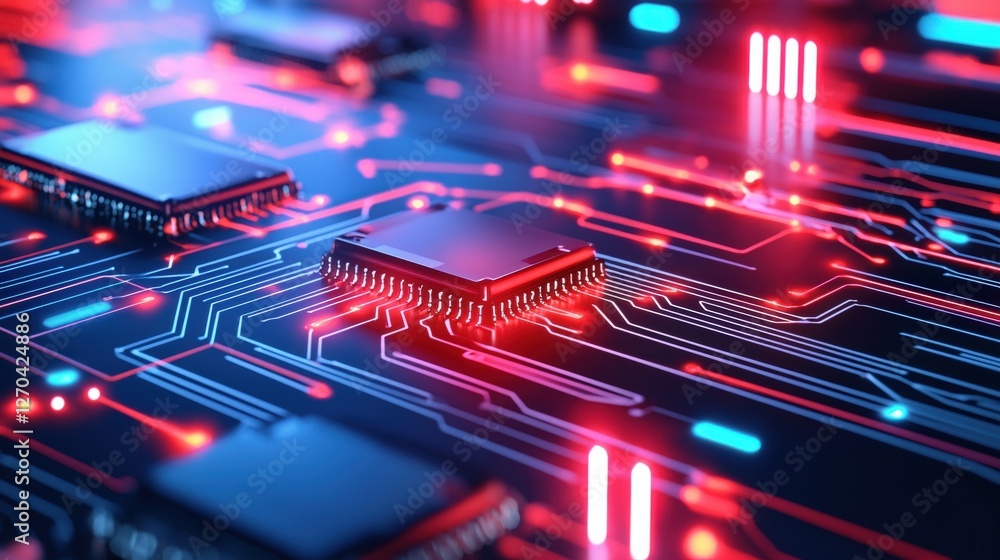 Poster a close-up view of a computer circuit board featuring glowing red and blue lights, showcasing intric