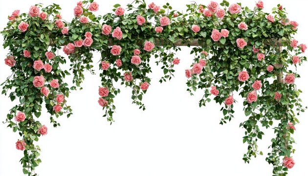 Beautiful floral arch decoration with pink roses and green foliage ideal for weddings and romantic events in soft lighting