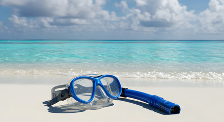 Blue diving mask lies on a white sand beach with turquoise water in the background, inviting to snorkeling and exploring underwater world.