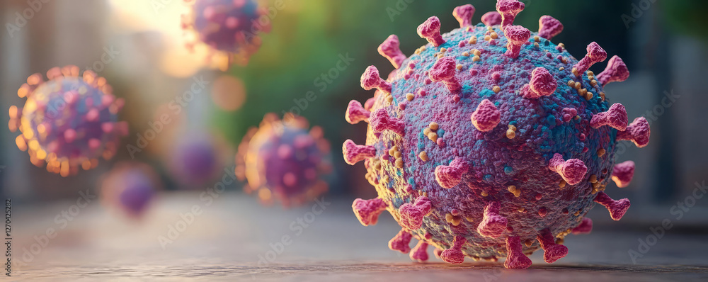 Poster microscopic view of virus particles with spikes in natural setting