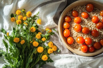 Wooden bowl of couscous with cherry tomatoes and yellow flowers. A healthy and visually appealing food photo, perfect for blogs or recipe sites.