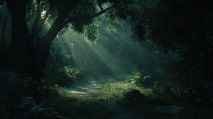 Sunbeams Illuminate A Mystical Forest Path