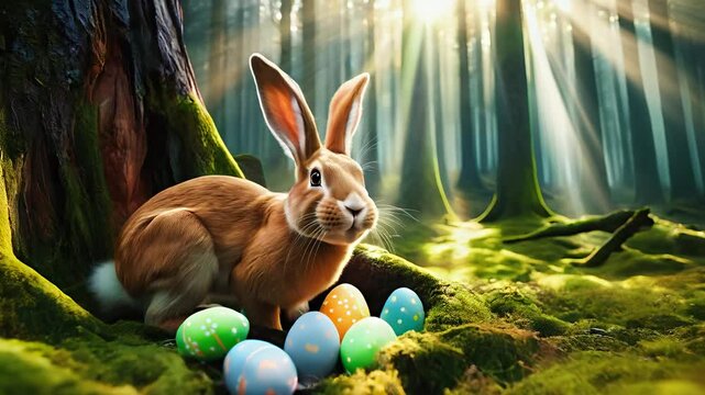 Fr&ouml;hliches Osterfest &ndash; S&uuml;&szlig;es Kaninchen mit bunten Ostereiern und Fr&uuml;hlingsblumen im Sonnenlicht