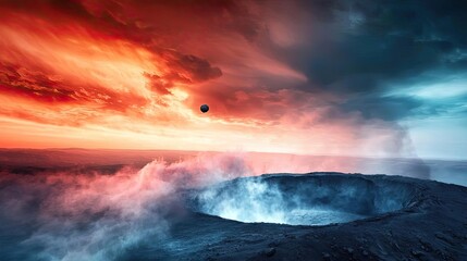Asteroid impact concept. A stunning volcanic landscape with dramatic skies and vibrant colors at sunset.