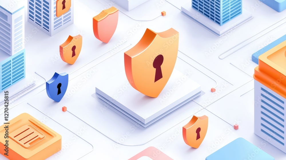 Poster a digital cityscape featuring colorful shields representing security and data protection, emphasizin