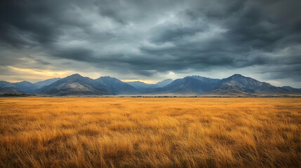 Obraz premium Golden grass field stretches toward distant mountains under a dramatic stormy sky.