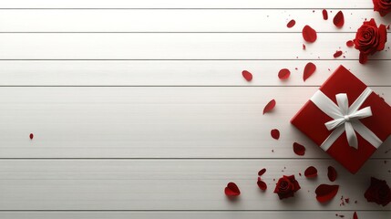 Red gift, rose petals, white wood, Valentine's Day, banner
