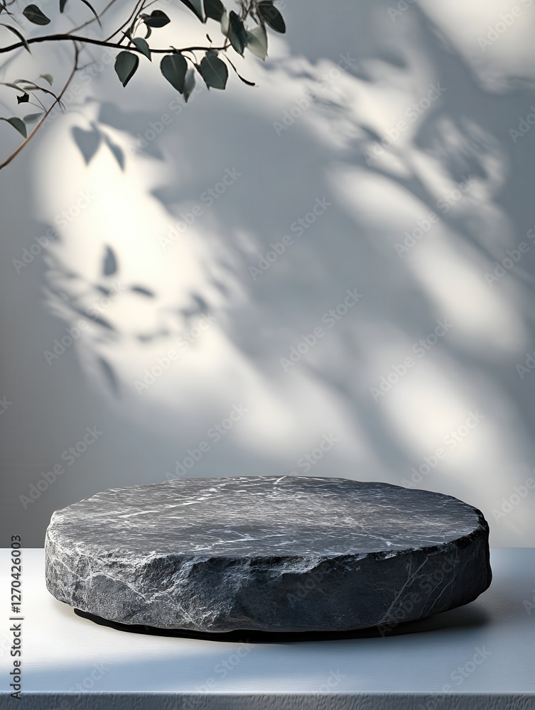 Poster elegant stone display podium with leaf shadow overlay for product showcase and presentation