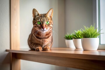 A curious feline with vibrant green eyes sits serenely on a light wood shelf, observing its surroundings near a window with potted plants.