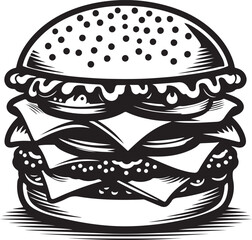 Silhouette vector of a classic hamburger with layers of bun, patty, cheese, and toppings. Perfect for food logos, menus, and branding. EPS format.
