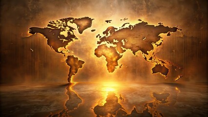 Illuminated World Map Reflecting on a Polished Surface A Glowing Embossed Representation of Global Connectivity and Interdependence