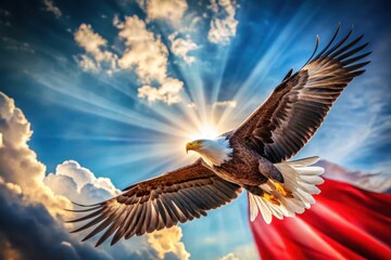 Naklejka premium Majestic Bald Eagle Soaring Through Sunlit Skies with a Dramatic Red Flag