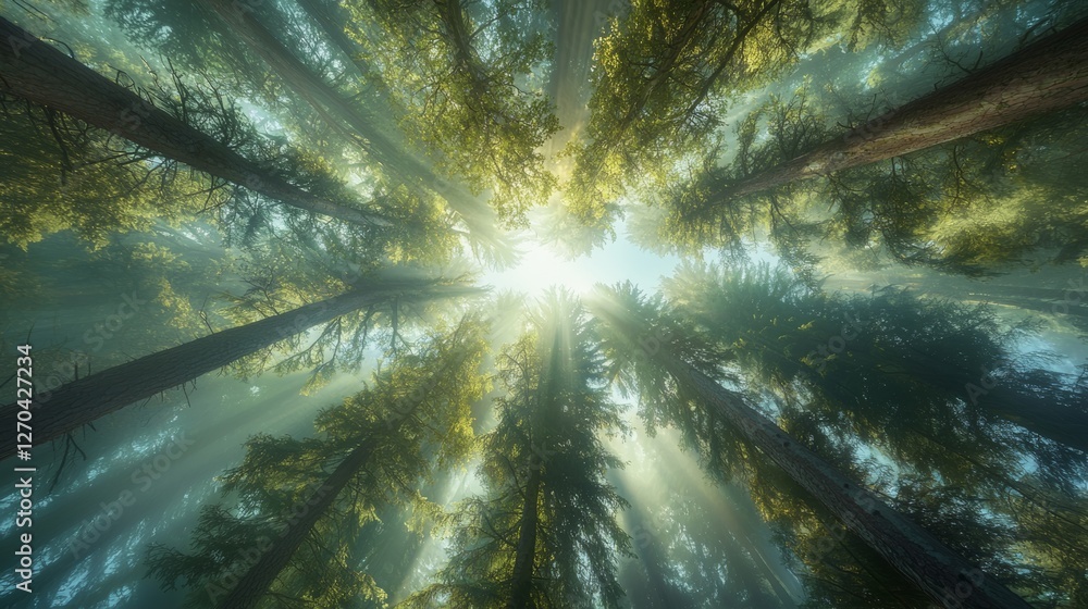 Poster light streams through the towering trees of a lush forest, illuminating the misty air. this serene s