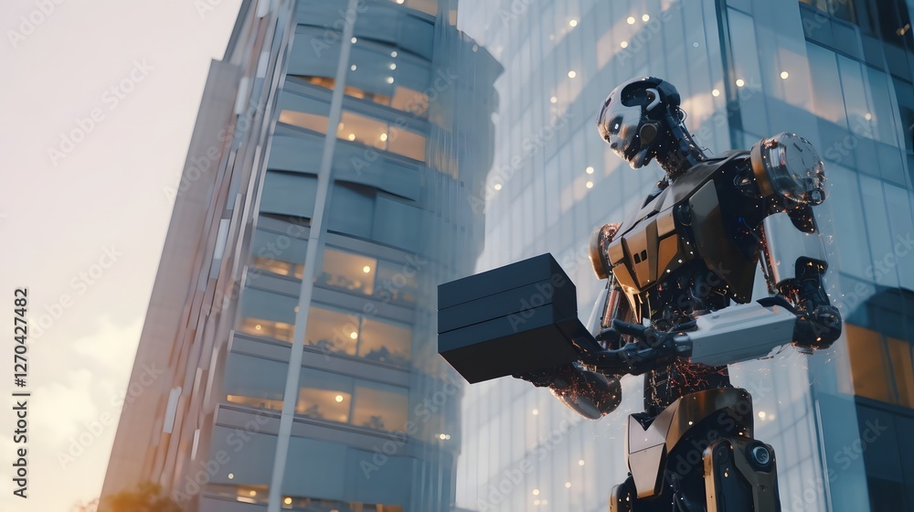 Poster futuristic ai driven robot delivering parcel to a towering high rise building in a technologically a