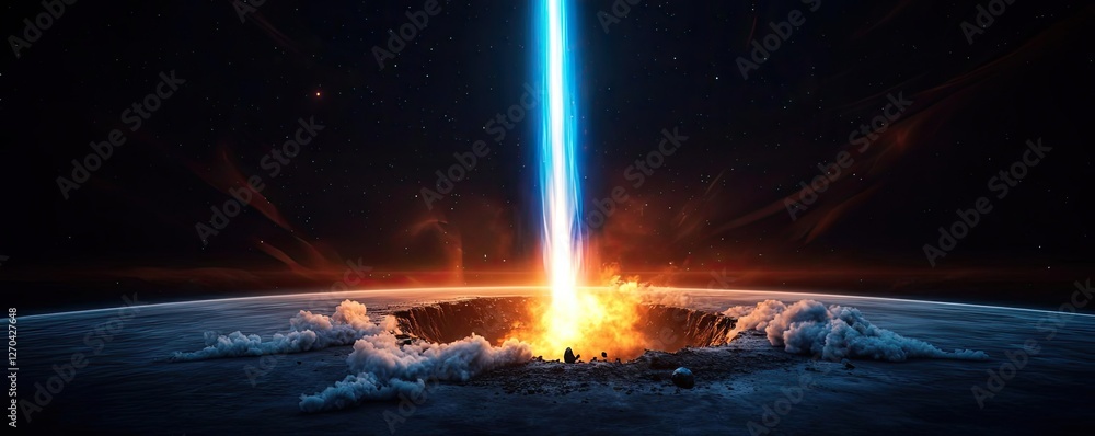 Poster asteroid impact concept. a dramatic space scene depicting an explosive event from deep space.