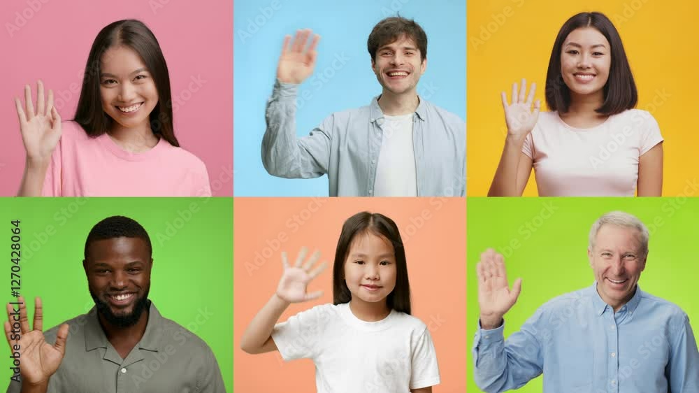 Poster a collection of six individuals of various backgrounds joyfully waving their hands in greeting again