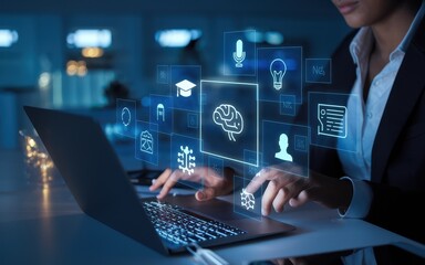 Woman working on laptop with artificial intelligence icons overlayed