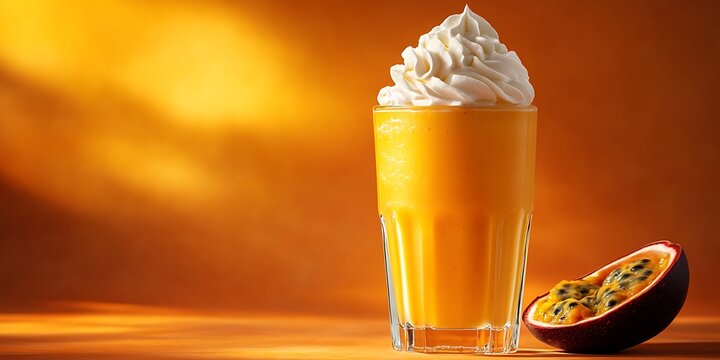 A rich orange smoothie in a tall, cylindrical glass, elegantly drizzled with passion fruit syrup and topped with whipped cream. The background is an isolated deep orange shade with space for