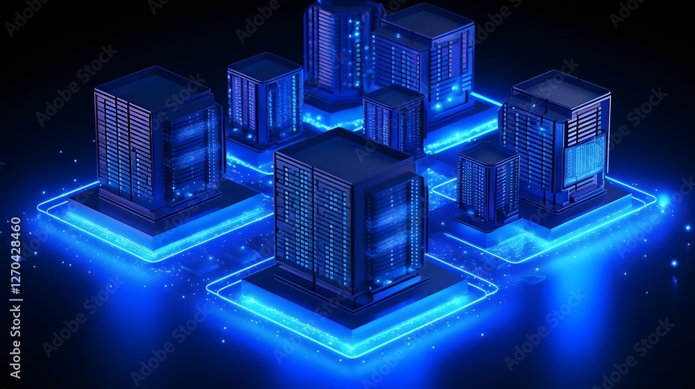 Poster futuristic isometric data center featuring glowing blue server racks and a minimalist high tech inte