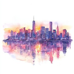 Fototapeta premium Watercolor painting of a beautiful city skyline at sunset, with soft pink and purple hues, on isolated white background