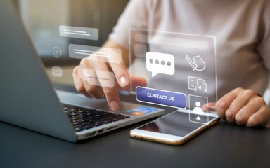 Woman interacting with a digital contact us interface on laptop
