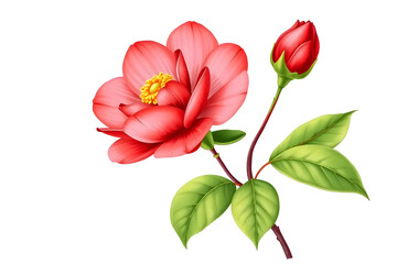 Fototapeta premium A beautifully illustrated rose flower with a large bloom and a budding flower, accompanied by green leaves. The colors are vibrant, showcasing shades of red and green on a white background.