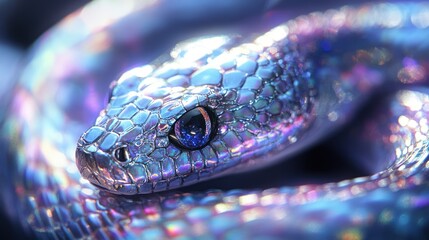 Iridescent snake close-up, dark background, digital art, fantasy
