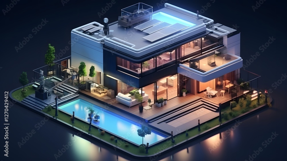 Aufkleber innovative 3d isometric rendering of a smart home technology concept featuring a small house with va