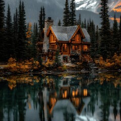 Fototapeta premium Rustic Log Cabin Retreat Nestled in Autumn Forest Reflected in Calm Lake Water Scenery