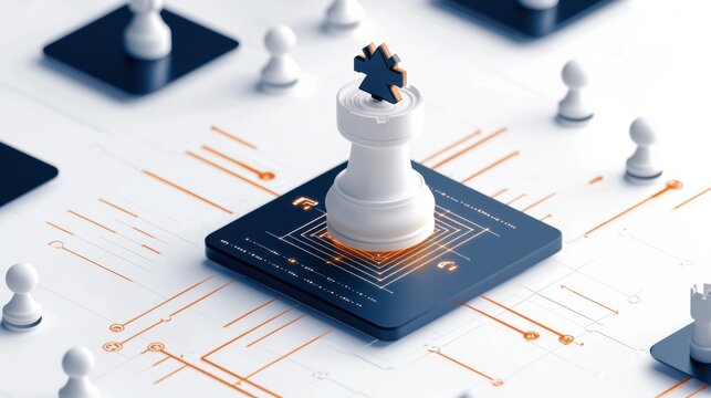 A futuristic chessboard with a highlighted rook piece, surrounded by other pieces on a hightech, circuitlike b