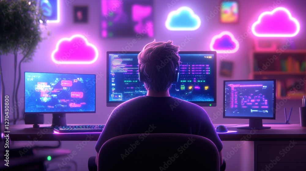 Poster a person sits in front of multiple monitors displaying code, surrounded by colorful cloud icons and 